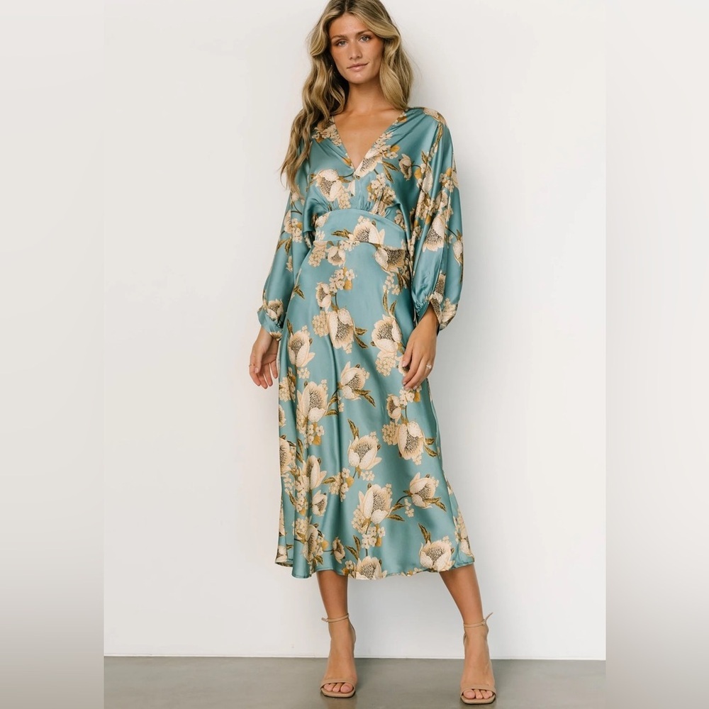 Baltic Born Teal Floral Satin Midi Dress with Cream Blooms
